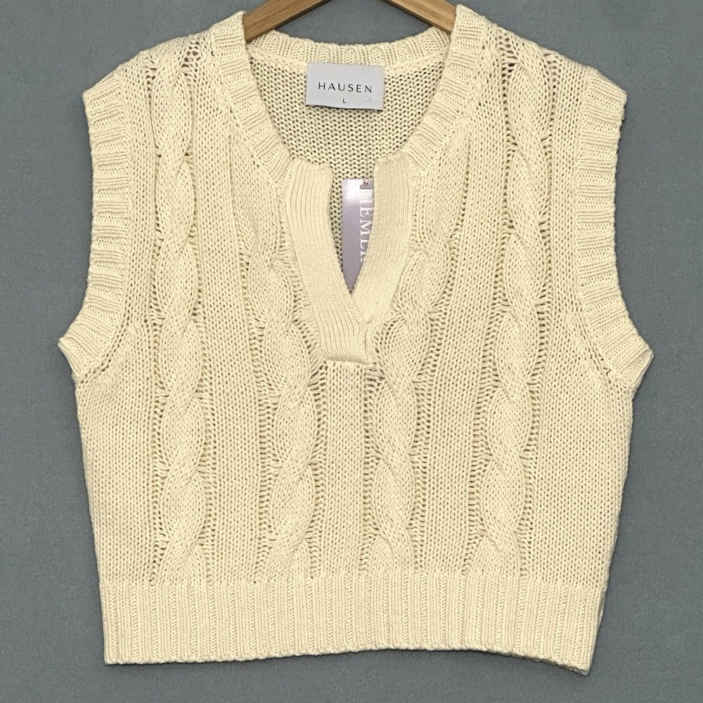 HAUSEN Womens Sweater L Ivory Cream Monroe Tank Vest Classic Preppy Academia NWT